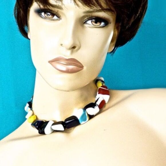 Primary Colors Art Glass Artisan chunk glass bead necklace Adjustable size - Picture 2 of 9